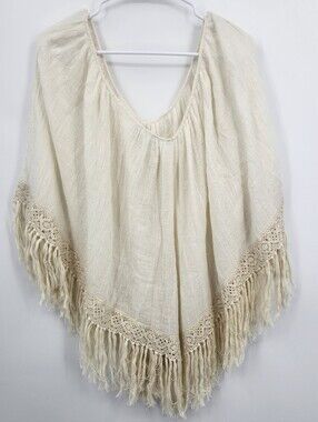 ELAN Poncho Women One Size Beige Fringe 100% Cotton Hippie Peasant Boho